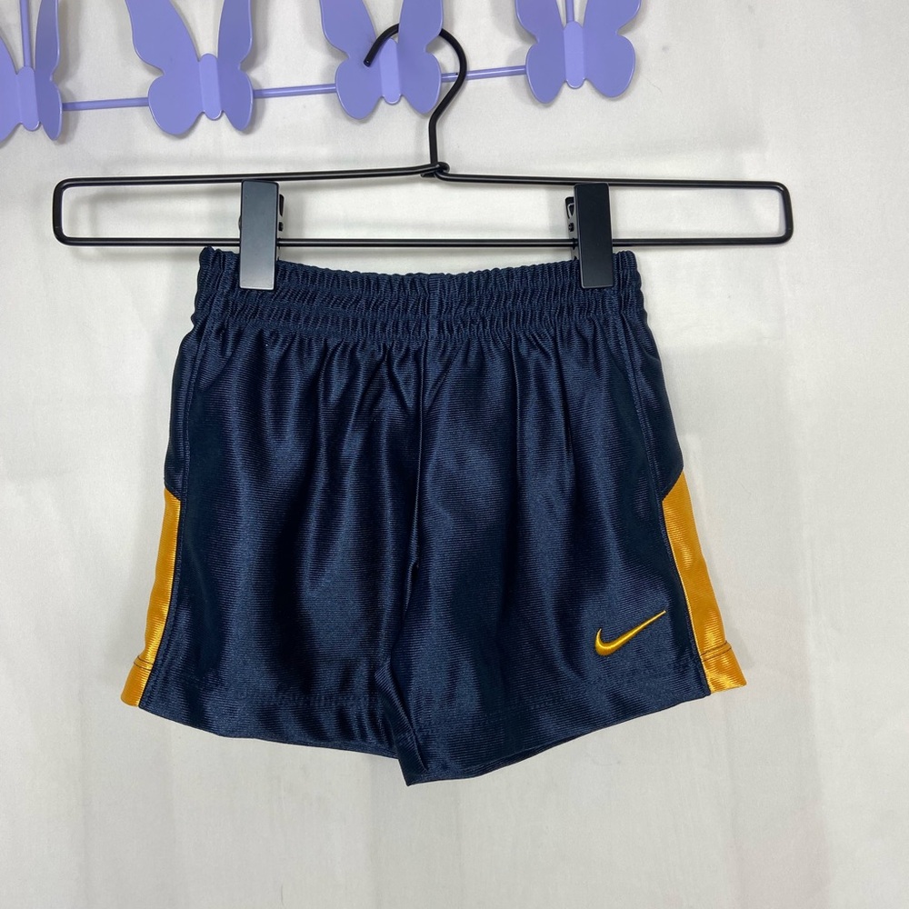 NWOT Nike baby boy’s navy blue gold embroidered pull on athletic gym shorts 12mo
